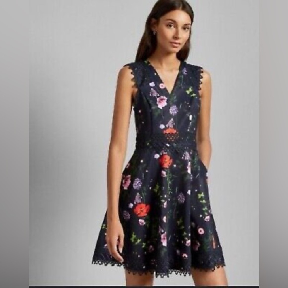 Ted Baker navy floral fit and flare dress. Size 2.